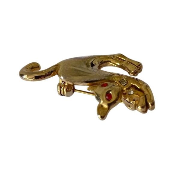 Vintage Stretching Cat Brooch Pin Liquid Gold Tone Red Rhinestone Eyes Sassy - Picture 7 of 14